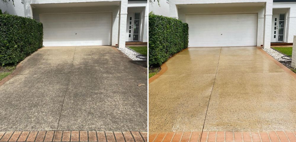 Driveway pressure washing before and after — dark grime removed from concrete