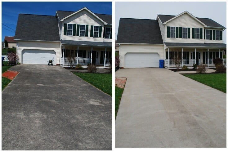 Driveway pressure washing before and after — full house view showing dramatic transformation